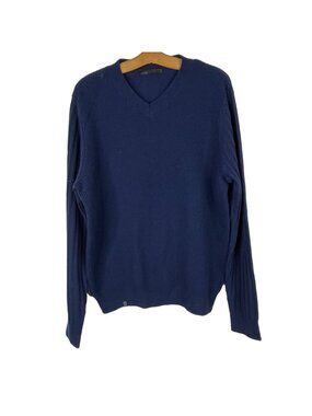 QOR Sweater Medium Merino Wool Blend Pullover VNeck Navy Blue Old Money Golf